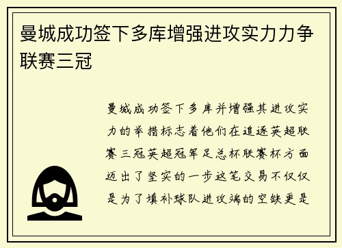 曼城成功签下多库增强进攻实力力争联赛三冠